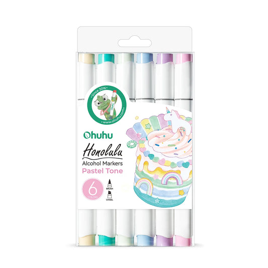 Ohuhu Honolulu, Set 6 Markere, Varf Dublu, Reversibil, Interschimbabil Brush Chisel, Baza Alcool, Culori Pastel Y30-80404-38