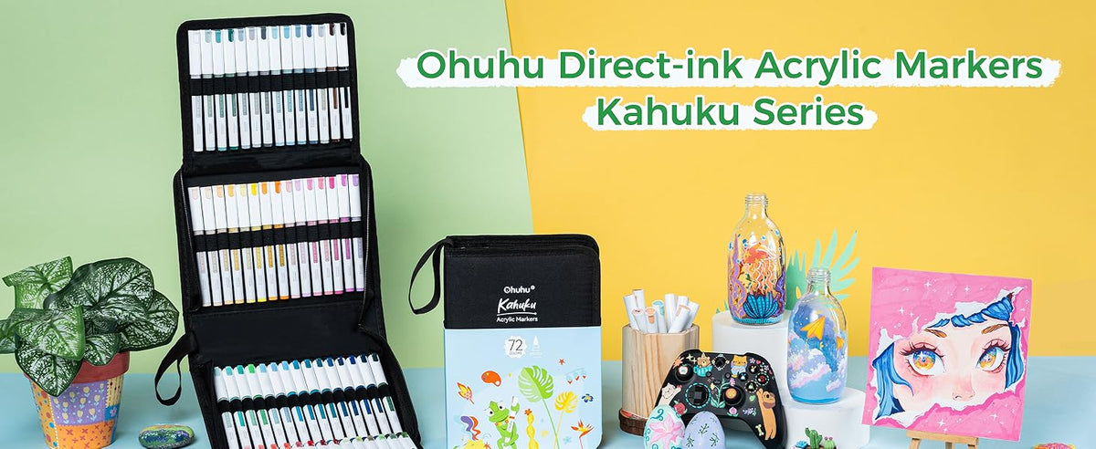 Ohuhu Kahuku Set 72 Markere Acrilice, Direct-Ink, Baza Apa, Varf Flexibil, Pentru Sticla, Ceramica, Pietre, Lemn, Plastic, Hartie, Panza, Multicolor Y30-80602-07