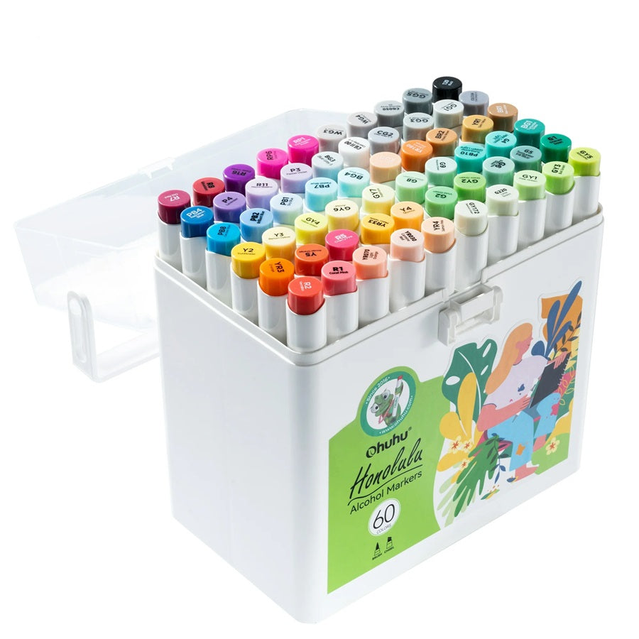 Ohuhu Honolulu Set 60 Markere, Baza Alcool, Dual Tips Brush&Chisel, Multicolor Y30-80405-44