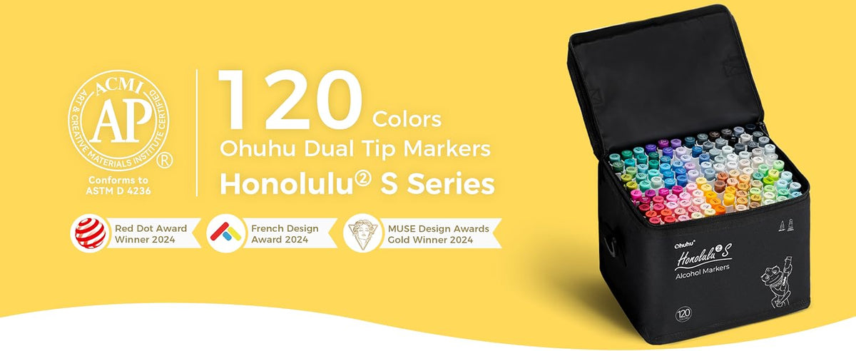 Ohuhu Honolulu² S, Set 120 Markere, Baza Alcool, Dual Soft Tips Brush&Soft Chisel, Multicolor Y30-80406-42