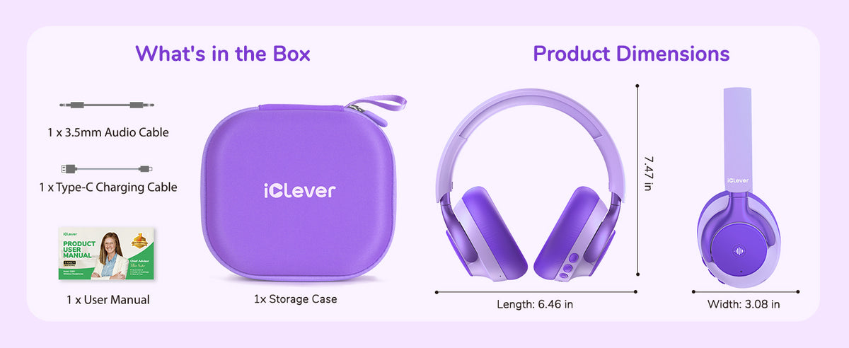 Căști iClever Q950, Bluetooth 6.0, Anularea Zgomotului, Limitare Volum La 80 dBA, Certificate TÜV Rheinland Pentru Protecția Auzului, Tehnologie SafeSound 3.1, Autonomie 60 h, Husă Transport