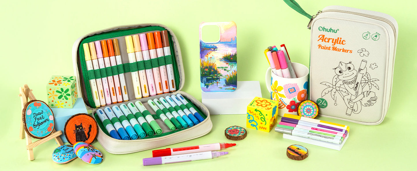 Ohuhu Set 48 Markere Vopsea Acrilica, 24 Cu Vârf Fin Si 24 Rotunde, Vârf Reversibil (Daltă Si Rotund), Pentru Pictura Pe StIclă, Ouă De Paște, Lemn, Plastic, Metal, Piatra Y30-80601-15