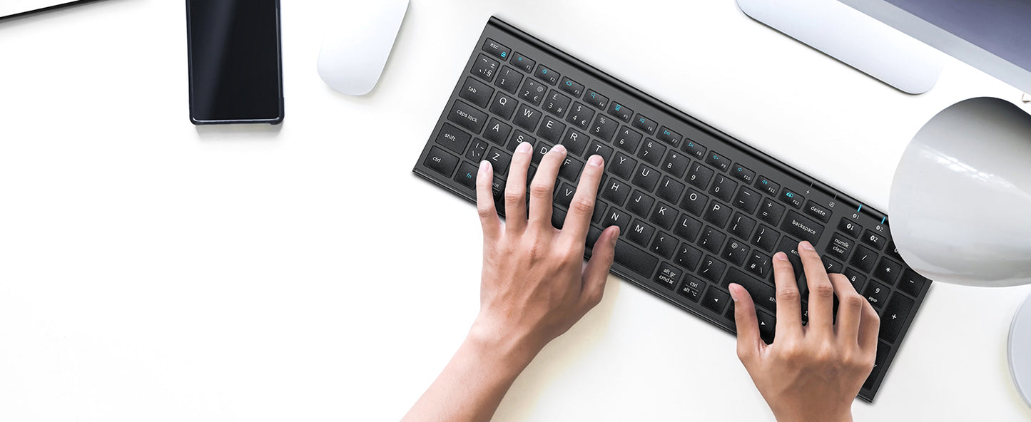 Tastatura Bluetooth 5.1 iClever IC-BK10, Fara Fir, Ultra Subtire, Reincarcabila, Multi Dispozitive, 99 Taste, USB-C, Design Ergonomic, Culoare Negru