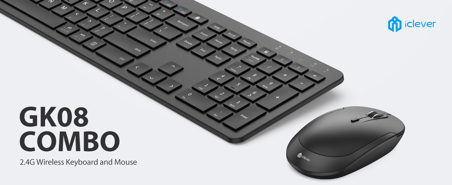 Tastatura Si Mouse Combo iClever GK08, 2.4G Wireless, Fara Fir, Reincarcabila, Design Ergonomic, Stabila, Silentioasa, DPI Reglabil 800-1200-1600, Culoare Negru