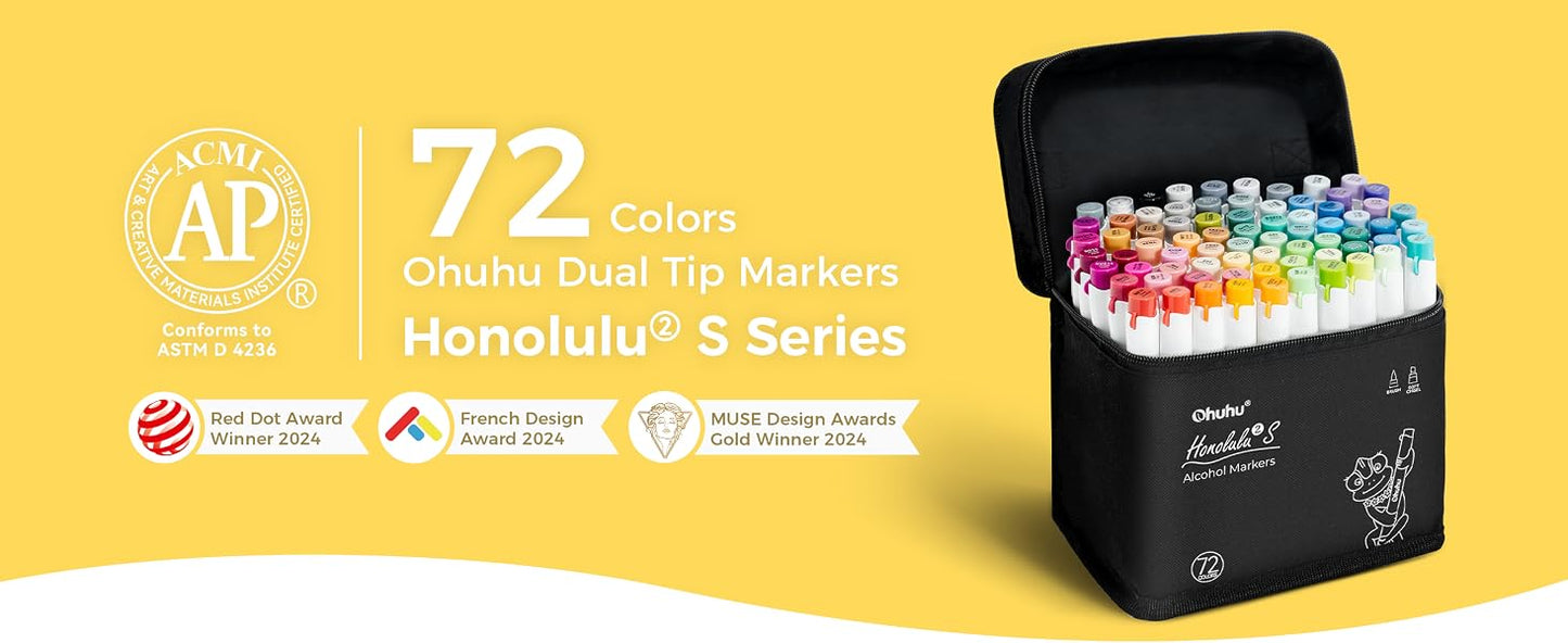 Ohuhu Honolulu² S, Set 72 Markere, Baza Alcool, Dual Soft Tips Brush&Soft Chisel, Multicolor Y30-80406-41