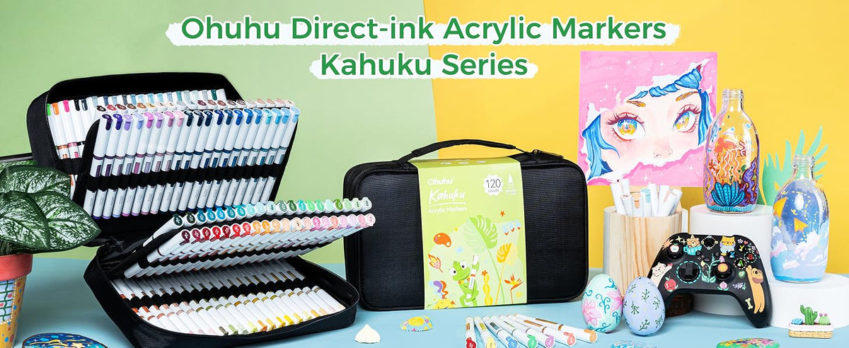 Ohuhu Kahuku Set 120 Markere Acrilice, Direct-Ink, Baza Apa, Varf Rotund, Pentru Sticla, Ceramica, Pietre, Lemn, Plastic, Hartie, Panza, Multicolor Y30-80602-05