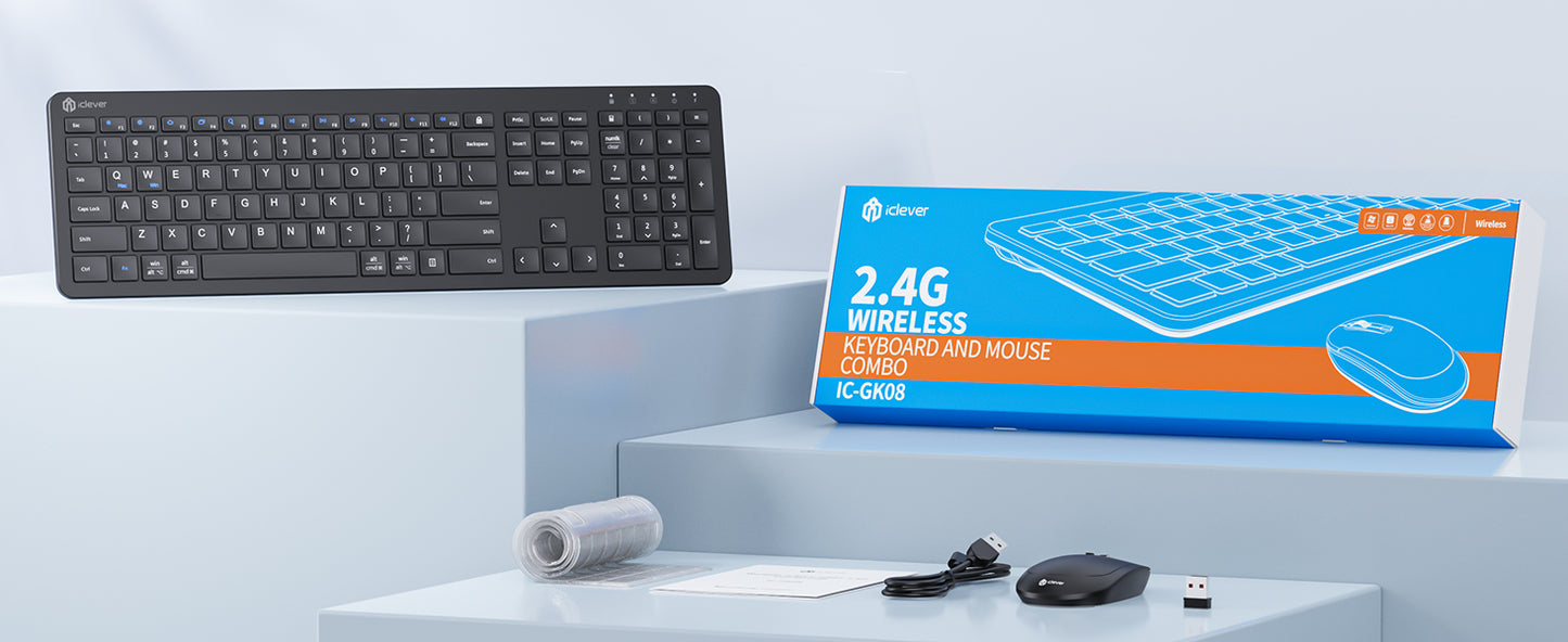 Tastatura Si Mouse Combo iClever GK08, 2.4G Wireless, Fara Fir, Reincarcabila, Design Ergonomic, Stabila, Silentioasa, DPI Reglabil 800-1200-1600, Culoare Negru