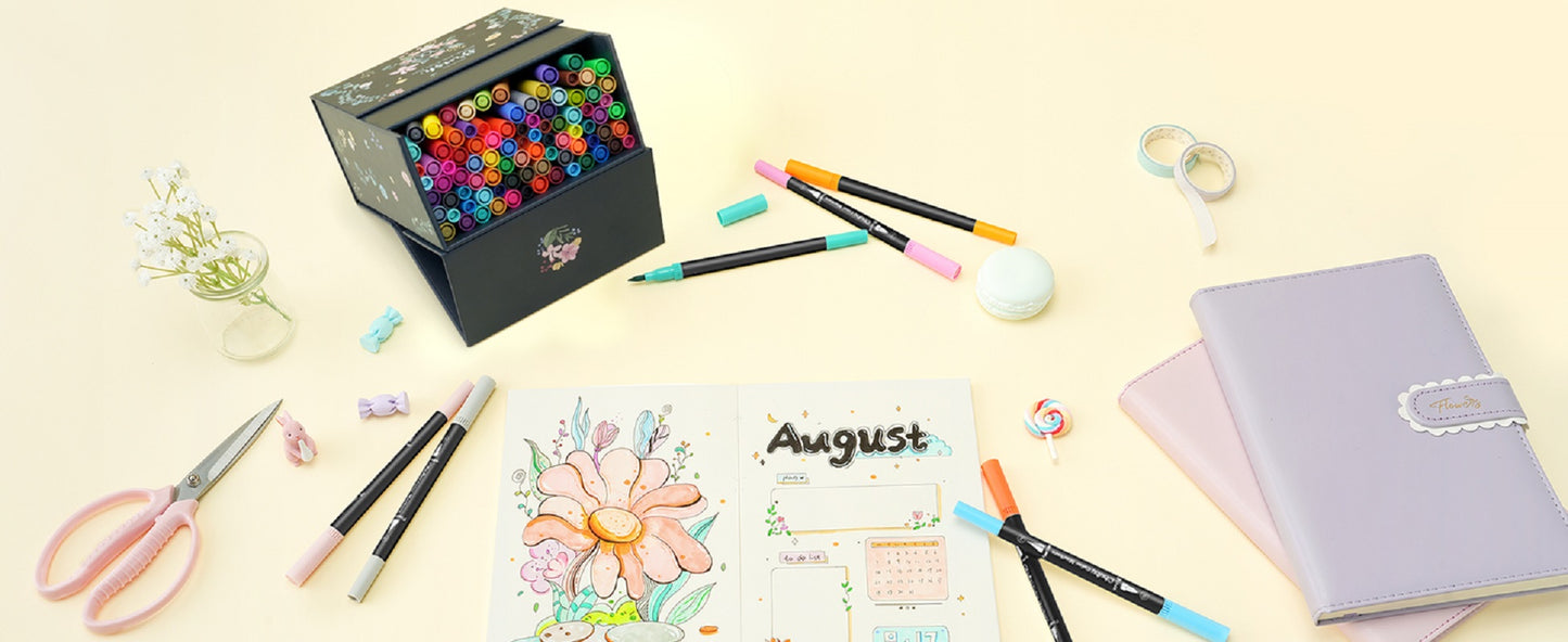 Ohuhu Maui Series Set 100 Markere, Baza Apa, Dual Tips Brush&Fineliner, Multicolor Y30-80600-39