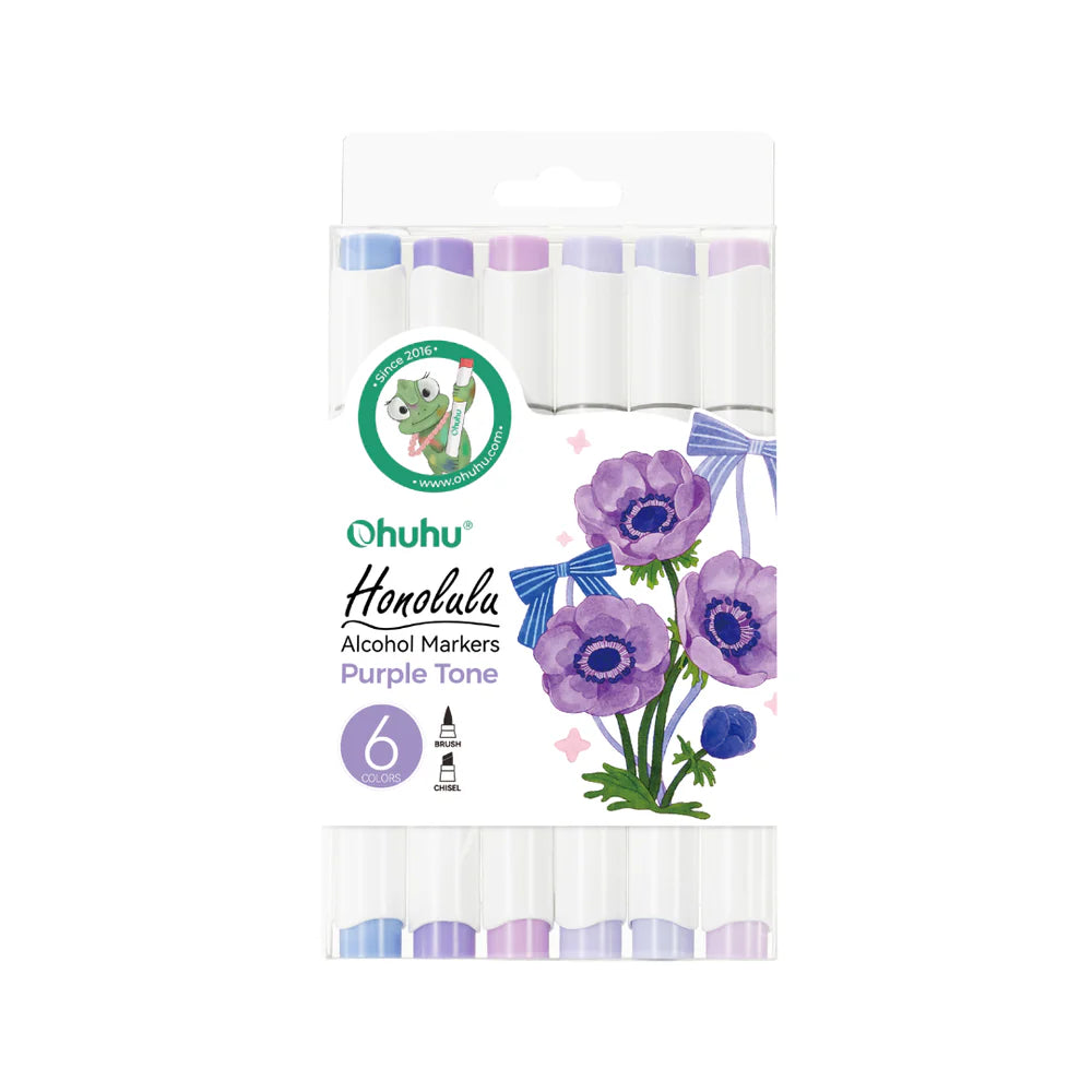 Ohuhu Honolulu Set 6 Markere, Vârf Dublu, Reversibil, Interschimbabil Brush Chisel, Bază Alcool, Purple Tone Y30-80406-20