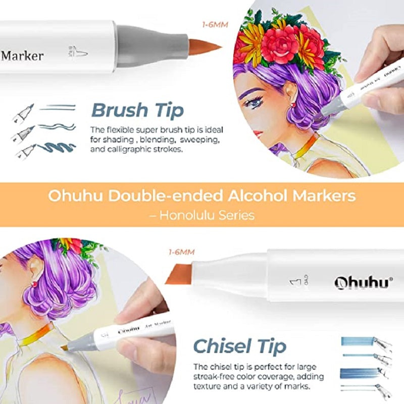 Ohuhu Honolulu Set 72 Markere, Baza Alcool, Dual Tips Brush&Chisel, Multicolor  Y30-80401-95