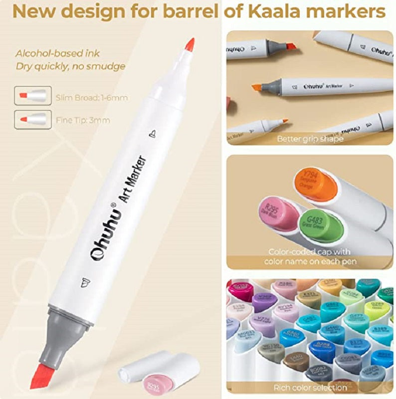 Ohuhu Kaala Series Set 24 Markere, Baza Alcool, Dual Tips Slim Broad&Fine, Skin Tones Y30-80402-36