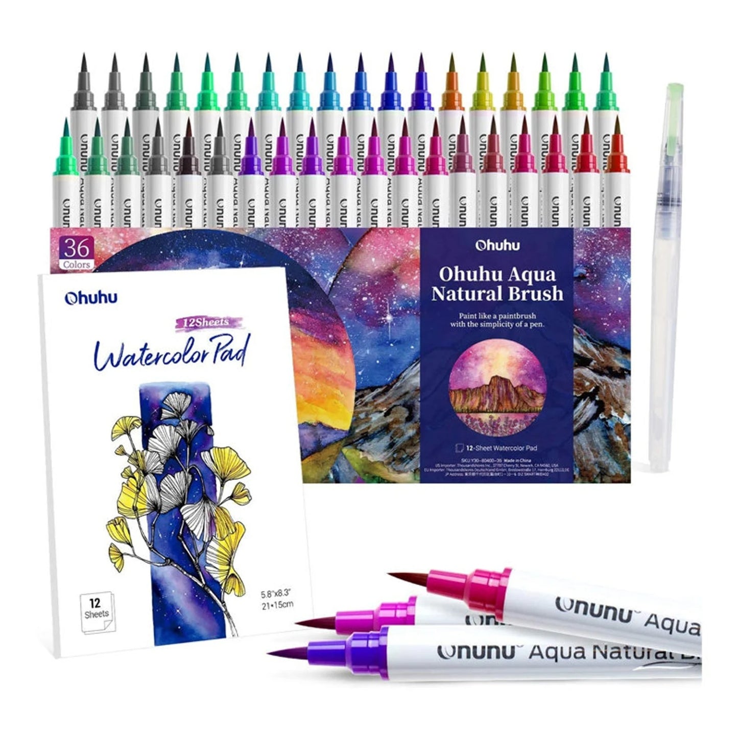 Ohuhu Lanai Series Set 36 Markere Artistice, Baza Apa, Watercolor Brush